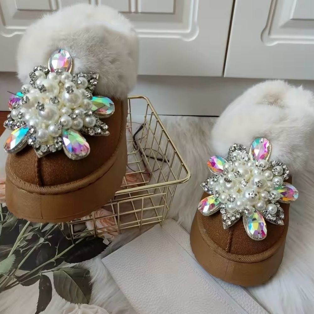 Faux Fur & Rhinestone Slippers